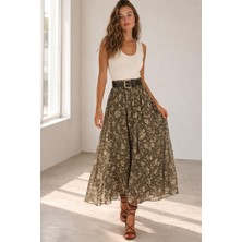 Shopping Shop Kemerli Çiçek Desenli Şifon Etek Hakı