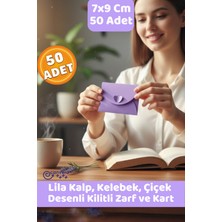 Canvela 50 Adet 7x9 cm Lila Zarf Kalp Çiçek Kelebek Kilitli Mini Hediye Zarfı ve Kart Seti