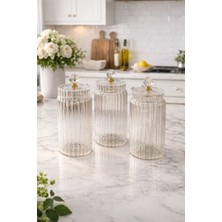 PremiumPort Şık 3'lü Borosilikat Cam Kavanoz Seti, 1100 Ml, Gold Kapaklı, Kristal Tasarım