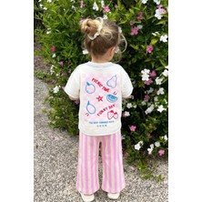 Monila Kız Çocuk Pamuklu Ekru Meyve Baskılı T-Shirt ve Pembe Çizgili Eşofman Alt Üst Takım