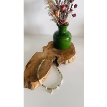 [ehm] Doğal Taş Prehnit,hematit & Barok Inci Detaylı Kolye - 42 cm Paslanmaz Çelik Blok Özel Tasarım