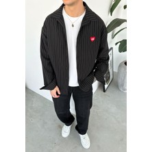 HAFKA Siyah Love Mod Nakışlı Çizgili Oversize Gömlek