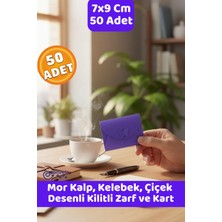 Canvela 50 Adet 7x9 cm Mor Zarf Kalp Çiçek Kelebek Kilitli Mini Hediye Zarfı ve Kart Seti