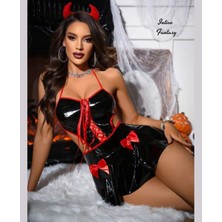 Intive Lingerie Intive Fantasy Deri Görünümlü Yanları Dekolteli Bağlamalı Gotik Mini Gecelik (Şeytan Kostümü)