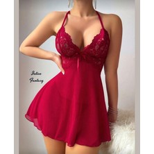 Intive Lingerie Intivr Fantasy Göğsü Dantelli Boyundan Bağlamalı Transparan Tülden Gecelik (Bordo/siyah)