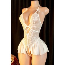 Intive Lingerie Kadın Beyaz Dantel ve Tül Detaylı Derin V Yaka Teddy Gecelik