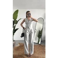 Asfa Moda Kadın Gri Asimetrik Kesim Kruvaze Bağlamalı Yelek ,pileli Plazzo Pantolon Takım