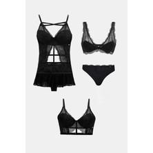 Amarelle Roma Siyah Dantelli Sütyen Babydoll Külot 4 Parça Çeyiz Seti
