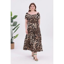 Madwilo Kadın Kahve Leopar Desen Kayık Yaka Kısa Kol Büyük Beden Esnek Maxi Elbise