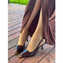 Erva'nın Butiği Kahve Rugan (Blue) Gold Metal Parça Detay Kadın Stiletto