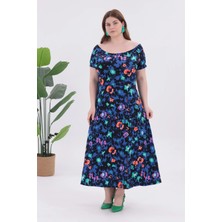 Madwilo Kadın Mavi Leopar Desen Kayık Yaka Kısa Kol Büyük Beden Esnek Maxi Elbise