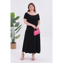 Madwilo Kadın Siyah Kayık Yaka Kısa Kol Büyük Beden Esnek Maxi Elbise