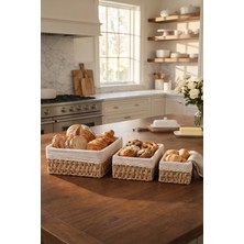 Makri Home 3’lü Bambu Ekmek Sepeti Seti, 26X20X12 Cm, Metal Çerçeveli Dantelli Çiçek Desenli Kumaşlı Organizer