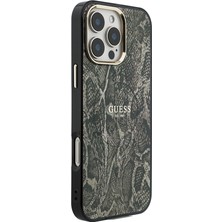 iPhone 16 Pro Max Kılıf Guess Lisanslı M-Safe Özellikli Yazı Logolu Python Desenli Kapak Kahverengi