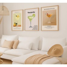 Voba Store 3 Parça Kokteyl Baskılı Çerçeve Görünümlü Mdf Tablo Seti 93-1 Bej