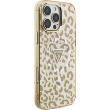 iPhone 16 Pro Max Kılıf Guess Lisanslı M-Safeli Üçgen Logolu Simli Leopar Desenli Kapak Kahverengi
