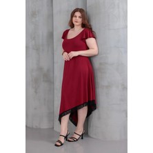 Madwilo Kadın Bordo Fırfır Kol Dantel Detay Asimetrik Büyük Beden Esnek Elbise