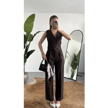 Asfa Moda Kadın Kahverengi Asimetrik Kesim Kruvaze Bağlamalı Yelek ,pileli Plazzo Pantolon Takım
