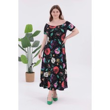Madwilo Kadın Siyah Çiçek Desen Kayık Yaka Kısa Kol Büyük Beden Esnek Maxi Elbise