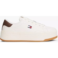 Tommy Hilfiger Kadın Platform Tabanlı Düşük Bilekli Logo Detaylı Deri Beyaz-Kahverengi Sneaker EN0EN02961-0HH
