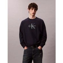 Calvin Klein Erkek %100 Pamuklu Ck Logolu Yuvarlak Yakalı Uzun Kollu Lacivert/bej Sweatshirt LV04RD242G-LAC/BEJ