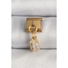Youday Accessories 316L Çelik Gold Renk Sallantı Zirkon Taşlı Kare Model Charm