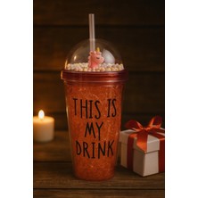 Pileli Store Cool Temalı Buzlu Cam Görünümlü Kırmızı Suluk Pipetli  450 ml Çift Katman Mika Su Şişesi 2742