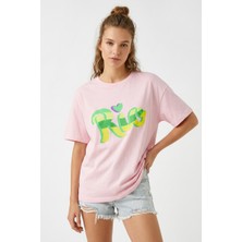 Hoxie Kadın Pembe Rio Baskılı Oversize Bisiklet Yaka Tişört