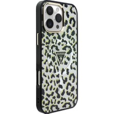 iPhone 16 Pro Max Kılıf Guess Lisanslı M-Safeli Üçgen Logolu Simli Leopar Desenli Kapak Siyah