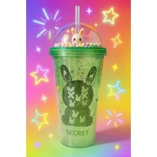 Pileli Store Suluk Pipetli Buzlu Cam Görünümlü 450 ml Çift Katman Mika Su Şişesi 2087 Yeşil