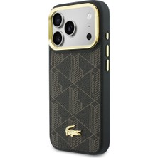 iPhone 17 Pro Kılıf Lacoste Lisanslı M-Safe Şarjlı Standlı Pu Deri Karışık Monogram Desenli Kahve