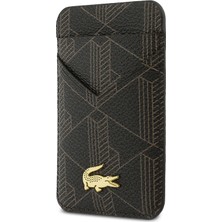 Lacoste Orjinal Lisanslı 2 Hazneli Pvc Karışık Monogram Desenli Magnetik Kartlık Kahverengi