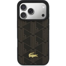 iPhone 17 Pro Kılıf Lacoste Lisanslı M-Safe Şarjlı Pu Deri Kartlıklı Karışık Monogram Desenli Kahve
