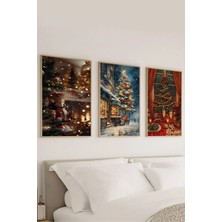 Voba Store 3 Adet Yılbaşı Temalı Çam Ağacı Baskılı Çerçeve Görünümlü Mdf Tablo SETİ-132