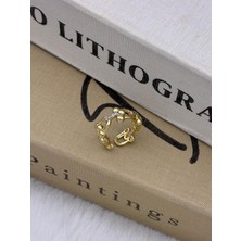 Hedef Bijuteri Gold Renk Zirkon Taşlı Tfny Kilit Zincir Detaylı Özel Seri Ayarlanabilir Pirinç Yüzük T3