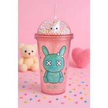 Pileli Store Suluk Pipetli Buzlu Cam Görünümlü 450 ml Çift Katman Mika Su Şişesi 2087 Pembe