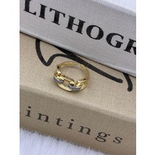 Hedef Bijuteri Gold Renk Zirkon Taşlı Kalın Zincir Detaylı Özel Seri Ayarlanabilir Pirinç Yüzük T3