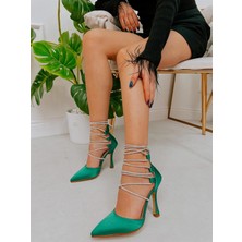 Erva'nın Butiği Yeşil Saten (Tilda) Taş Detay Arka Fermuarlı Kadın Topuklu Ayakkabı