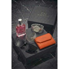 Duke Nickle Kadın Gümüş Kol Saati Turuncu Cüzdan Parfüm Gözlük ve Bileklik Kutulu Hediye Seti
