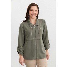 Selen Büyük Beden Yaka Ucu Taşlı Örme Ceket  /  Haki