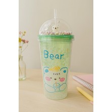 Pileli Store Çılgın Bear Suluk Pipetli Buzlu Cam Görünümlü 450 ml Çift Katman Sevimli Mika Suluk 2093 Yeşil