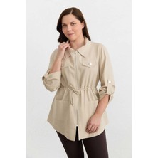 Selen Büyük Beden Beli Büzgülü Çift Cepli Ceket  /  Bej