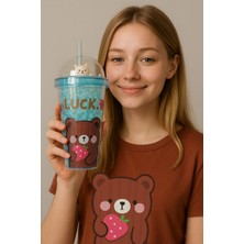Pileli Store Çılgın Bear Suluk Pipetli Buzlu Cam Görünümlü 450 ml Çift Katman Mika Sevimli Suluk 2093 Mavi