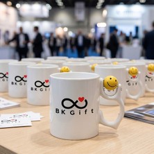 BK Gift Bk Kurumsal Promosyon Logolu Emoji Desenli Beyaz Kupa Bardak 10 Adet Logo Baskılı