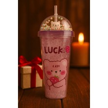 Pileli Store Çılgın Bear Suluk Pipetli Buzlu Cam Görünümlü 450 ml Çift Katman Mika Sevimli Suluk 2093 Mor