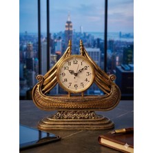 Pileli Store Büyük Boy Vintage Gemi Tasarımlı Dekoratif Masa Saati | Antik Gold Koleksiyonluk Klasik Saat 28 cm