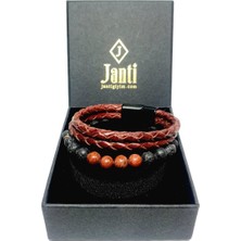 JTSS26BLK1859 Jasper Kırmızı Lav Hematit Doğaltaş Esnek ve Mıknatıslı Kilit Hakiki Deri Mazlzeme Taba Siyah 8 mm Garantili Kutulu Kombin Janti Bileklik