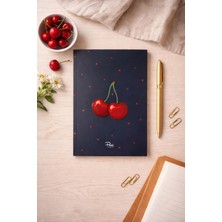 Uğurlu Dükkan Lacivert Zeminli Kiraz Tasarım A5 Çizgili Defter