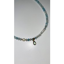 Doğal Taş& Akuamarin, Barok Inci, Hematit& Labradorit Sarkıt Kolye - Özel Tasarım