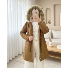 Moda Morfo Bolero Detaylı Kürklü Kapşonlu Içi Peluşlu Mont -Taba